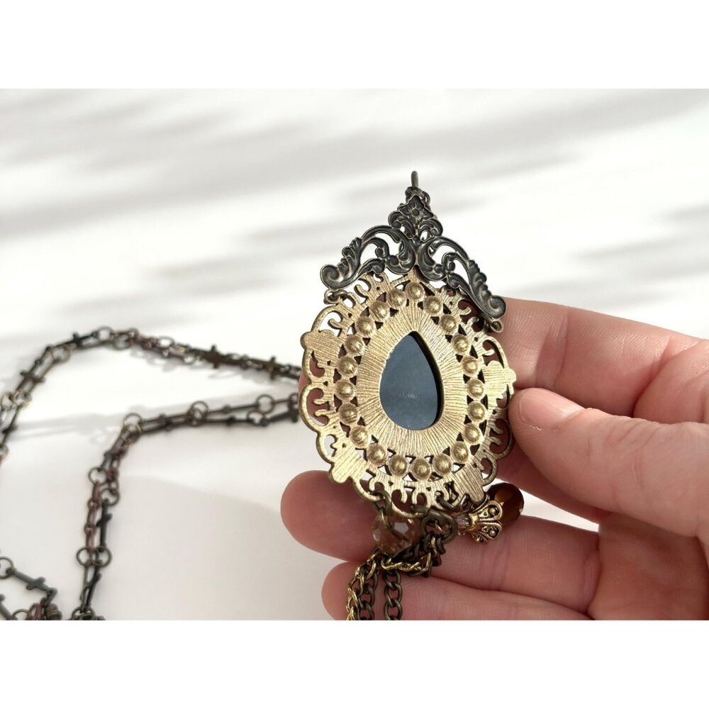 Victorian Inspired Teardrop Shaped Bronzed Faux Filigree Pendant Necklace - 18" - Picture 10 of 14
